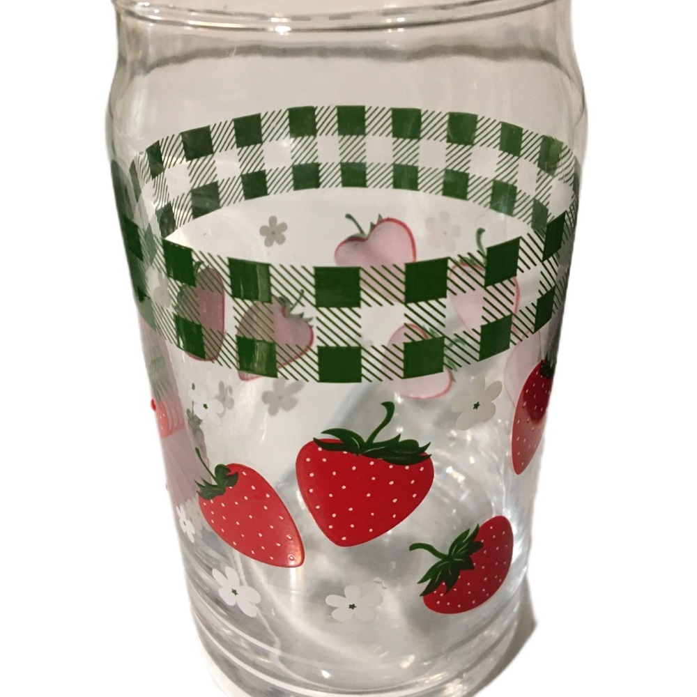 Strawberry Patterned Glass Tumbler with Green Checkered Design